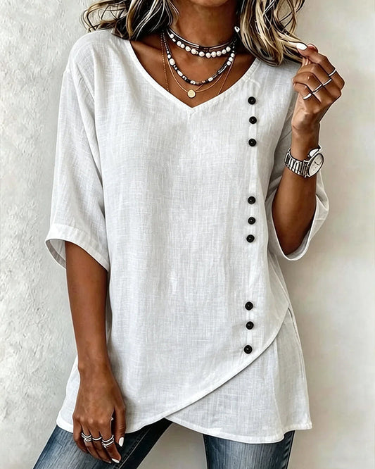 Button Asymmetrical Placket V-Neck Irregular Hem Blouse blouses & shirts spring summer