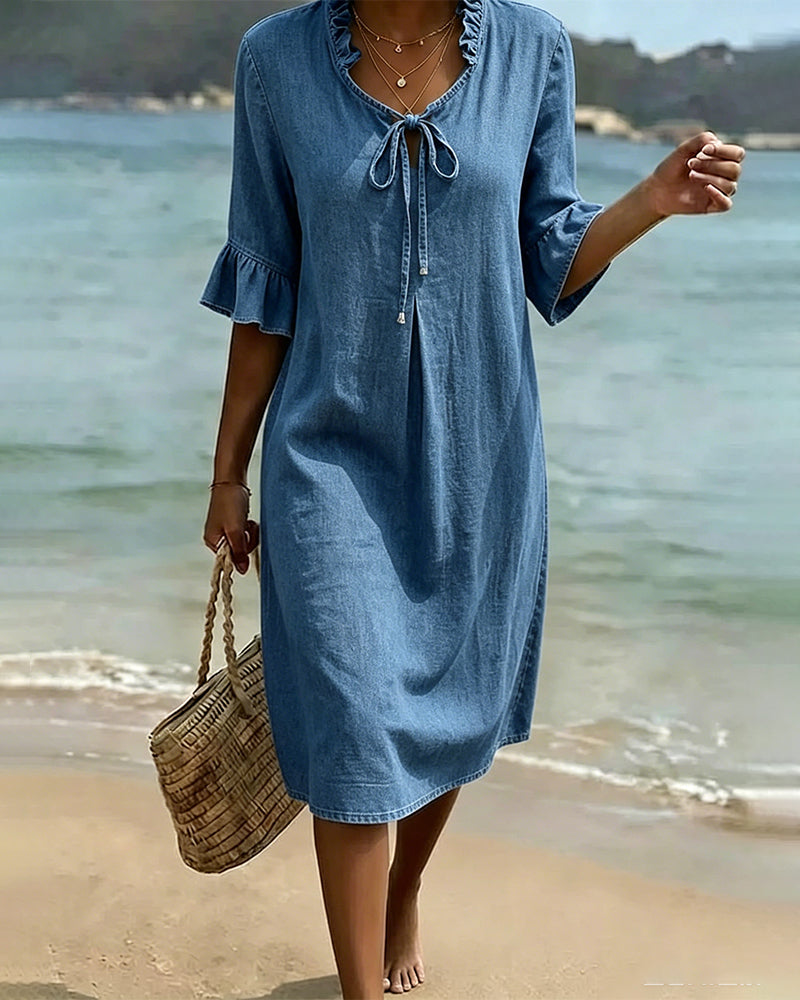 Ruffled Tie-Waist Denim Dress