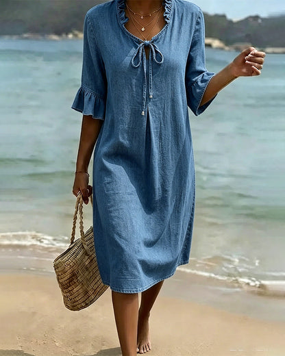 Ruffled Tie-Waist Denim Dress