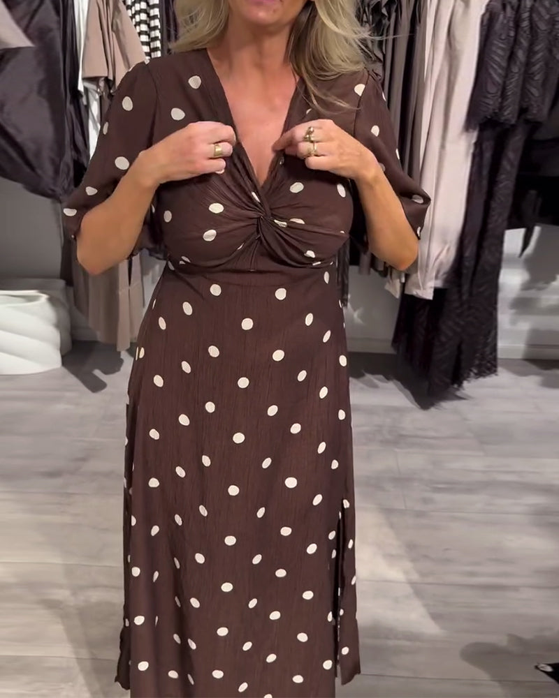 Polka-Dot Twist V-Neck Long Dress