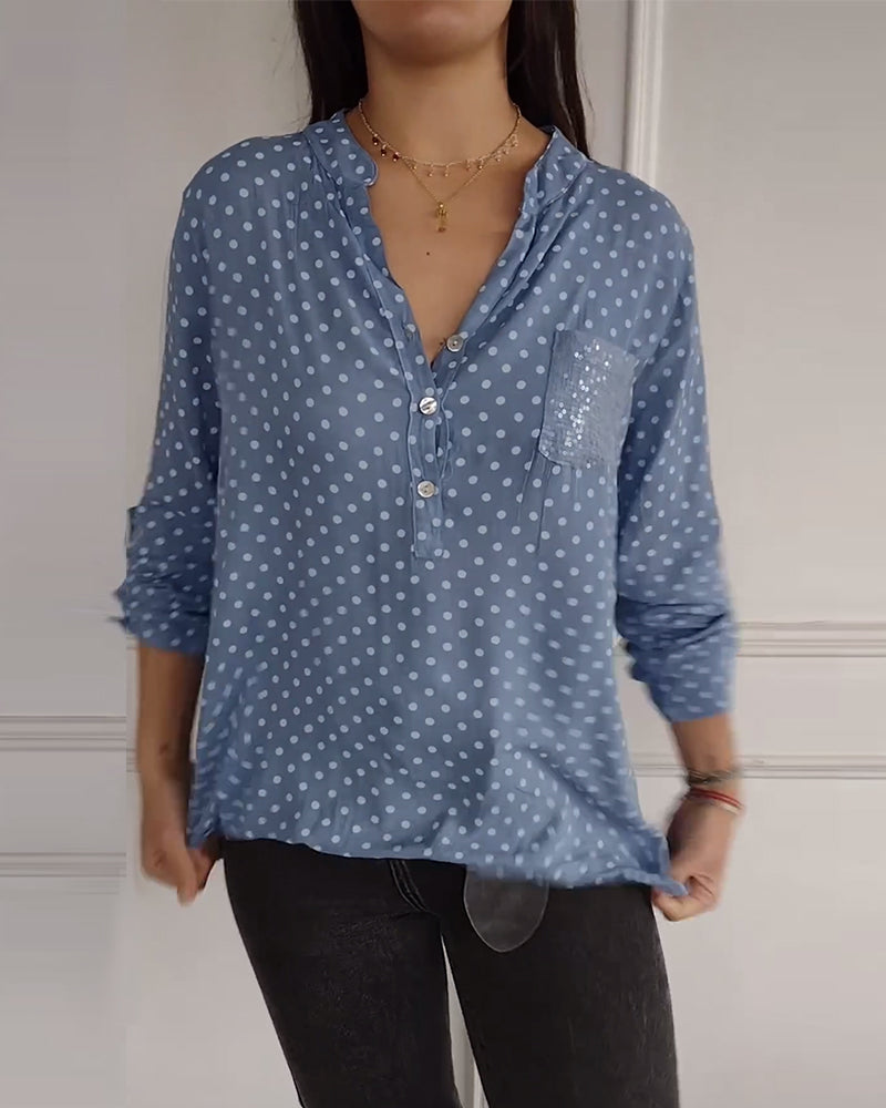 V-neck button-down polka dot print top 2024 f/w blouses & shirts spring