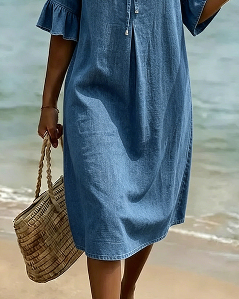 Ruffled Tie-Waist Denim Dress