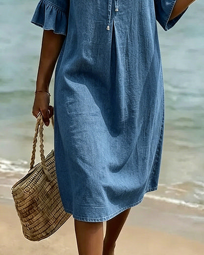 Ruffled Tie-Waist Denim Dress