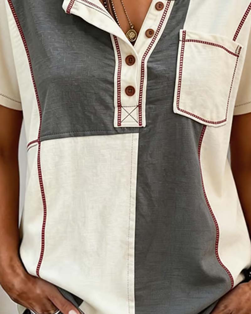 Contrast Color Crew Neck Button Patchwork T-Shirt spring summer t-shirts