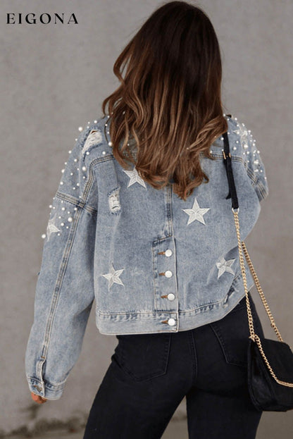 Sky Blue Distressed Pearls Star Cropped Denim Jacket All In Stock Category Shacket clothes Color Blue Craft Bead Craft Distressed Fabric Denim Occasion Daily Print Solid Color Season Fall & Autumn Style Western