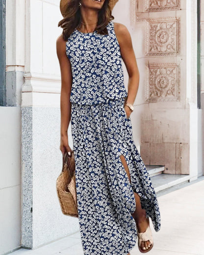 Floral print sleeveless slit maxi dress casual dresses summer vacation dresses