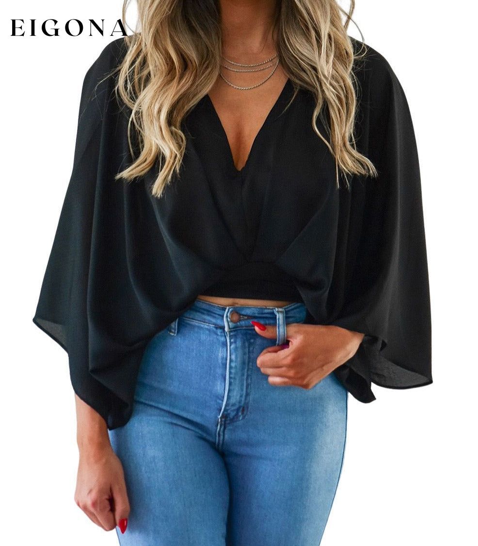 Black V Neck Flared Sleeves Crop Top clothes crop top crop tops cropped cropped top croptop long sleeve top Occasion Daily Print Solid Color Season Summer shirt shirts top tops
