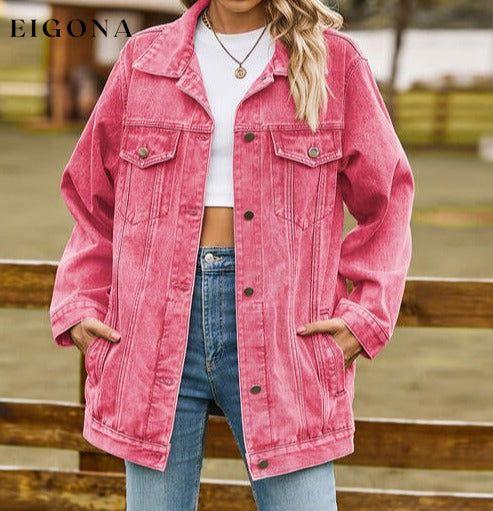 Collared Neck Denim Jacket With Pockets Hot Pink clothes Jackets & Coats M.F Ship From Overseas