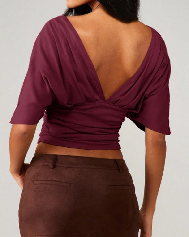 V-Neck Batwing Sleeve Waist Tie Top