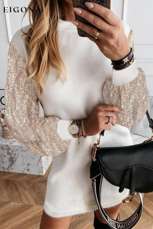 White Sequin Puff Sleeve Shift Mini Long Sleeve Sweater Dress White 90%Polyester+10%Elastane casual dresses clothes Craft Sequin Day Christmas dress dresses Hot picks long sleeve dress long sleeve dresses Occasion Daily Print Solid Color Season Winter short dresses Style Elegant
