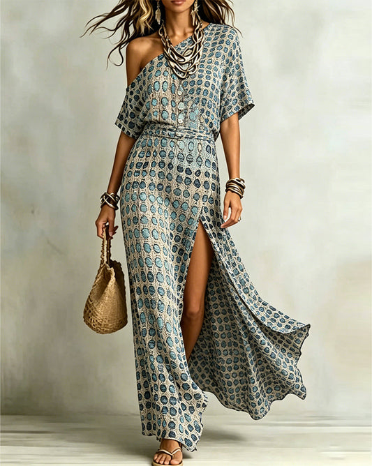 Off-Shoulder Polka Dot Slit Dress