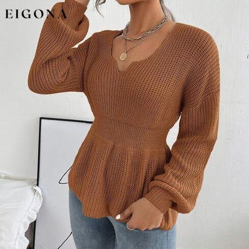 Notched Dropped Shoulder Knit Long Sleeve Top