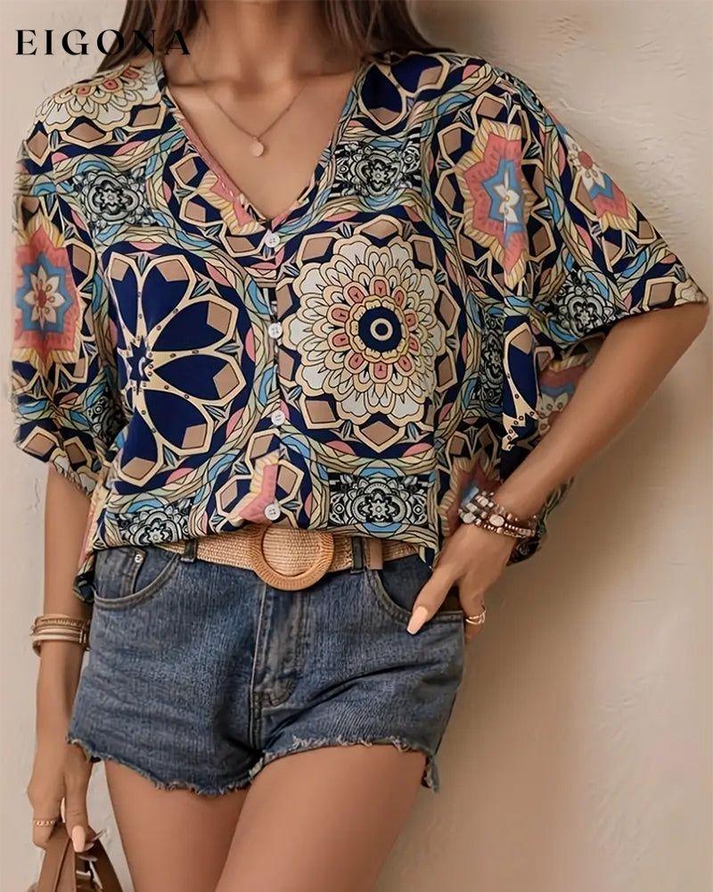 Retro printed V-neck button half sleeve blouse blouses & shirts spring summer