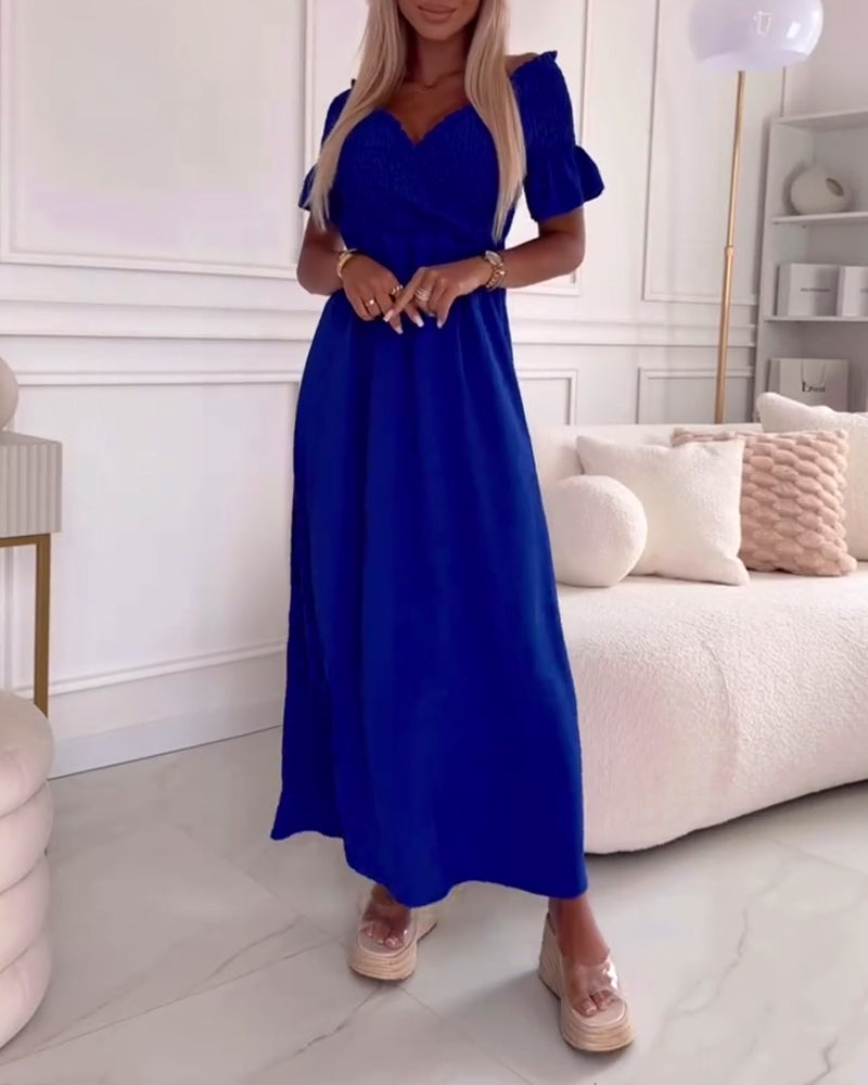 Solid color V-neck short-sleeve elegant long dress casual dresses spring summer