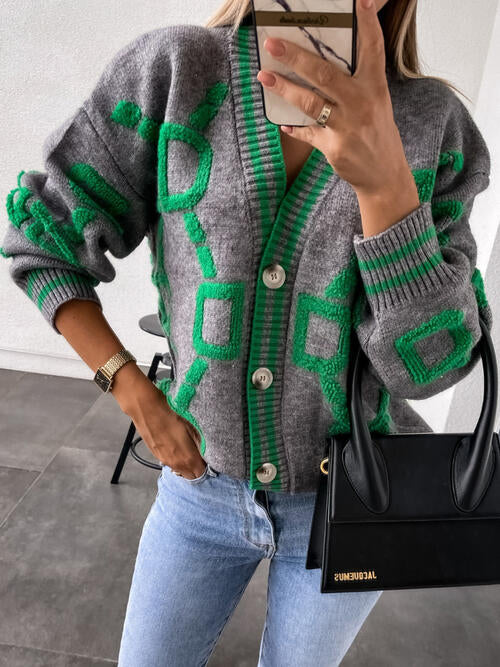 Geometric Dropped Shoulder Button Down Sweater Cardigan Charcoal cardigan cardigans clothes S.X Ship From Overseas sweater sweaters