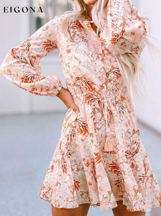 Printed Button-Up Long Sleeve Dress Peach clothes dress dresses long sleeve mini dress Ship From Overseas short dress SYNZ trend