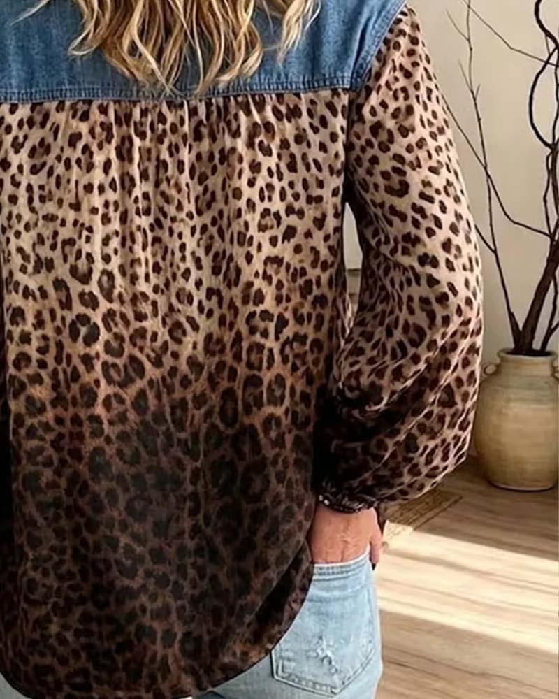 Denim Patchwork Leopard Print Long-Sleeved Top