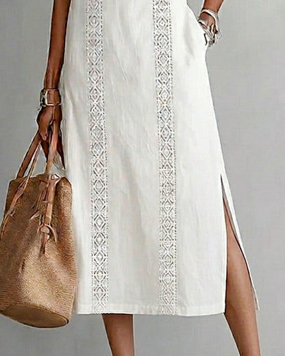 Sleeveless Lace Patchwork Linen Cotton Midi Dress