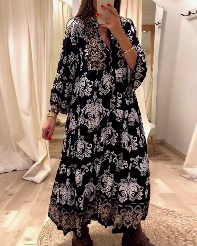 Vintage printed pleated loose dress 2024 f/w casual dresses spring