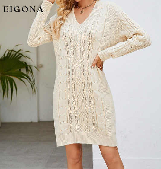 Cable-Knit V-Neck Mini Sweater Dress Ivory casual dresses clothes Ship From Overseas Yh