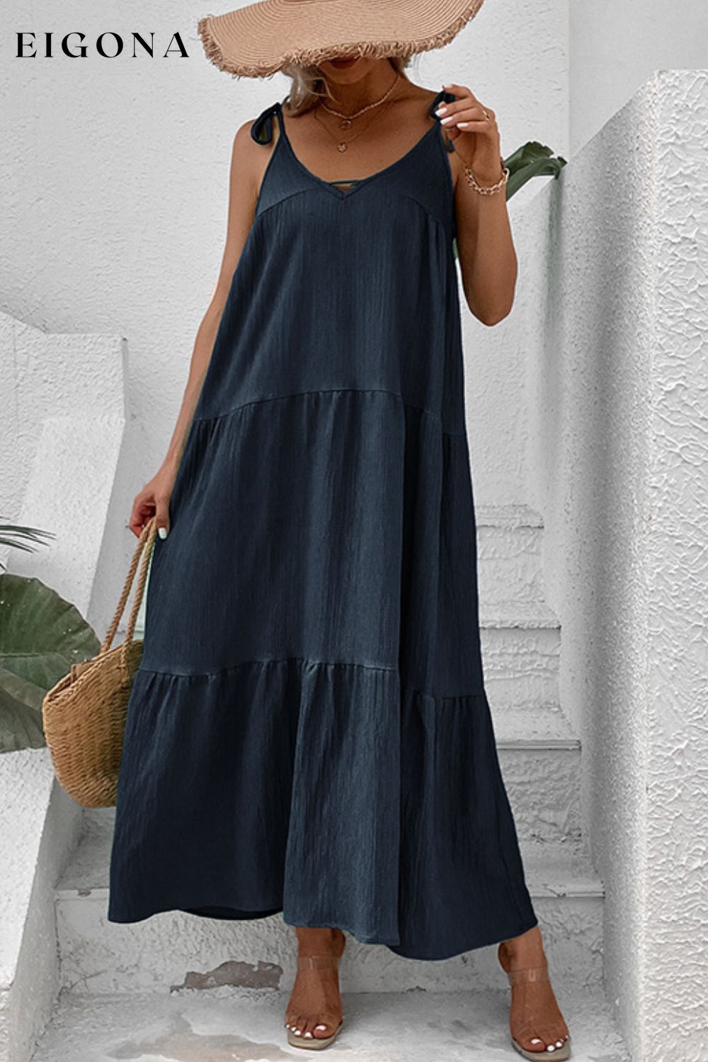 Tie-Shoulder Tiered Maxi Dress Dark Navy clothes dress dresses Hundredth long dress maxi dress Ship From Overseas