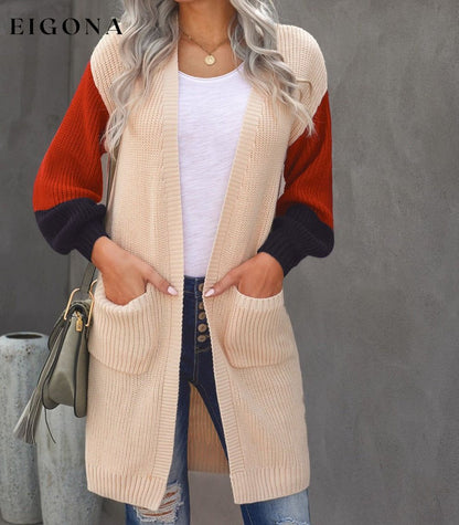 Color Block Rib-Knit Longline Cardigan with Front Pockets cardigan clothes long sleeve Ship From Overseas SYNZ