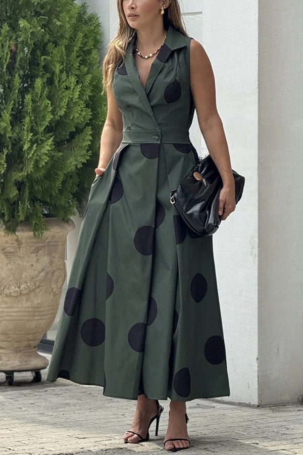 Polka Dot Print Shirt Pocketed Umbrella Maxi Dress Green 2024-5-23 Maxi Dresses Office scarsa