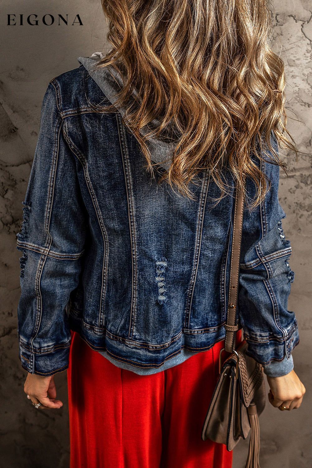 Dark Blue Fake Two-Piece Hooded Zip-Up Denim Jacket All In Stock clothes Craft Distressed Denim Jacket DL Chic Fabric Denim Jackets & Coats Print Solid Color Season Winter Style Casual