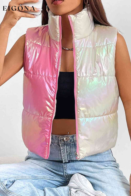 Turtleneck Color Block Pink Chrome Sleeveless Vest clothes Jacket Coat Jackets & Coats M@Y Ship From Overseas vest vests
