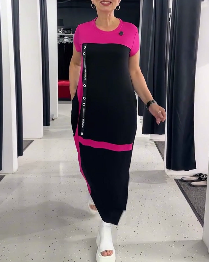 Round Neck Casual Commuting Contrast Color Dress