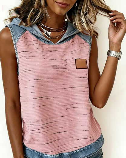 Denim Patchwork Sleeveless Hooded Top