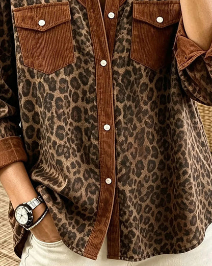 Lapel Button Leopard Color Block Shirt