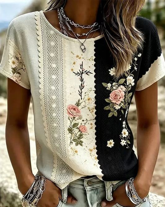 Contrast Lace Rose Print Blouse blouses & shirts spring summer