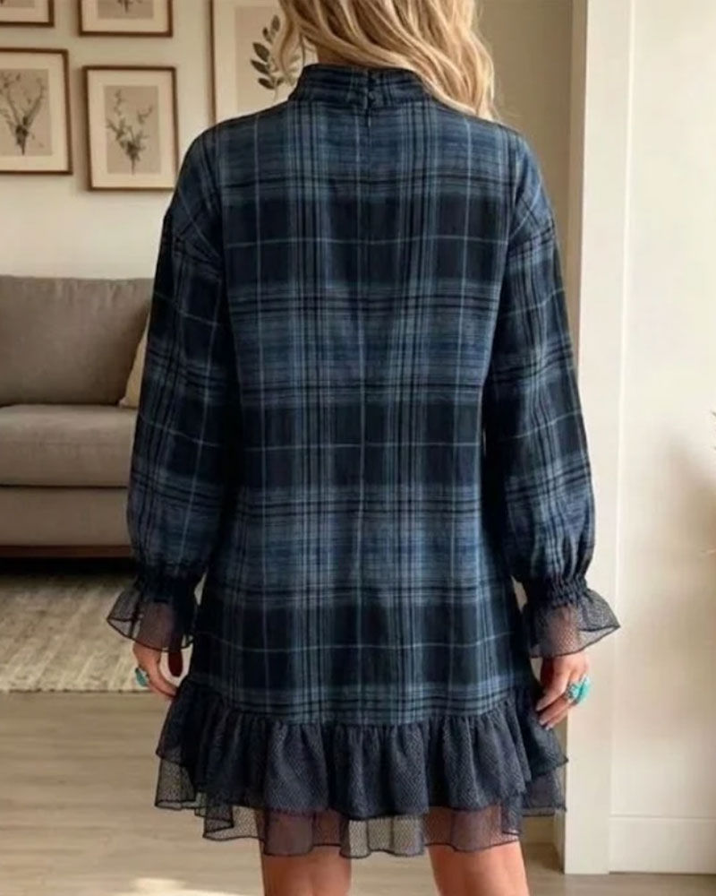 Plaid Half-Turtleneck Ruffle Dress