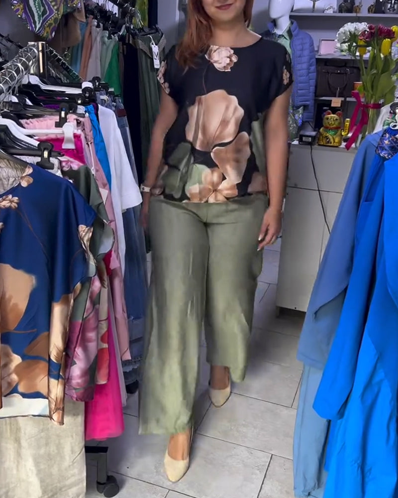 Round Neck Floral Print Short Sleeve Blouse