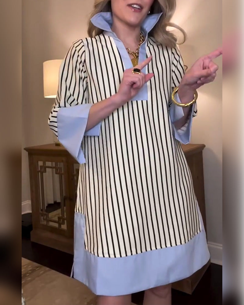 Striped Color-block Collared Dress