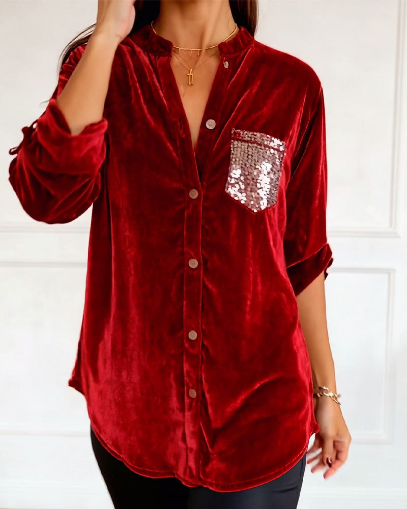 Sequined Pocket Velvet Blouses
