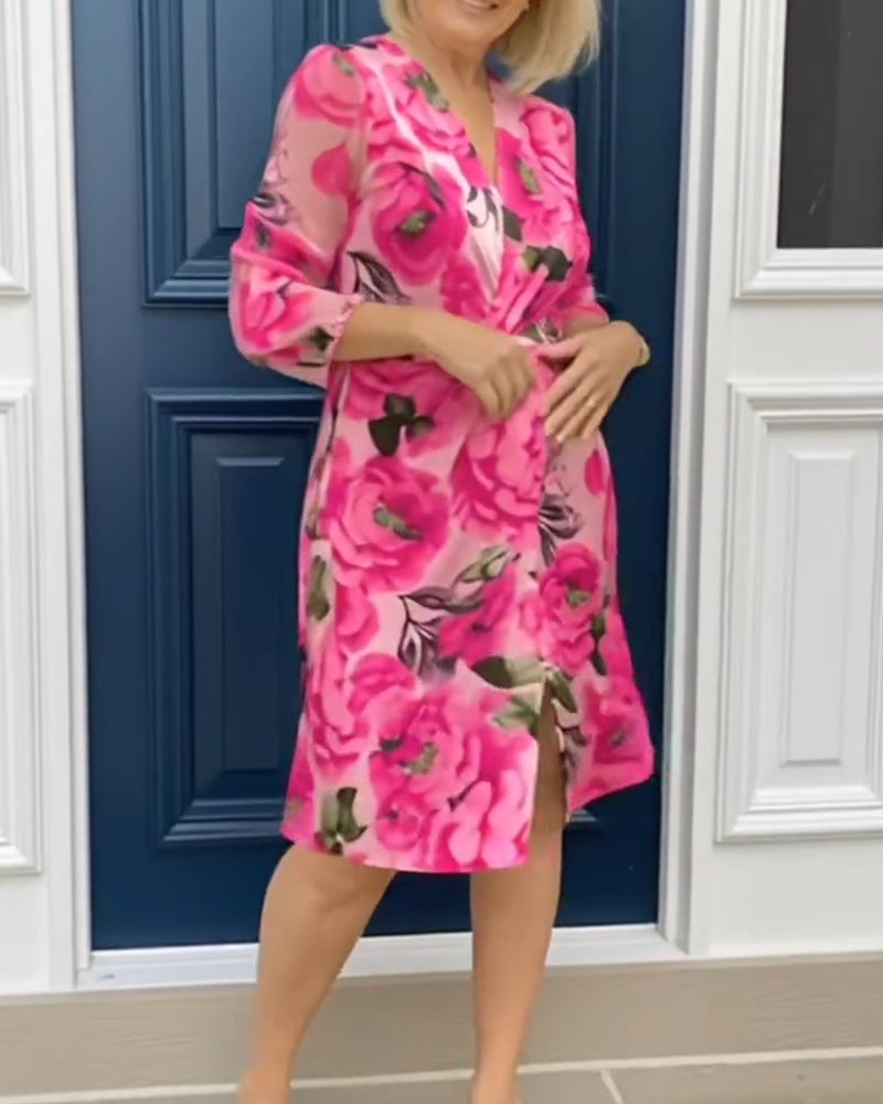 V-Neck Floral Print Long-Sleeve Dress