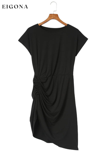 Black Side Shirring Short Sleeve Mini Dress All In Stock black dress clothes dress dresses Print Solid Color Season Summer