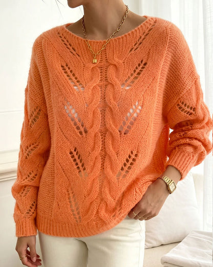 Crew Neck Drop Shoulder Cutout Solid Knit Pullover