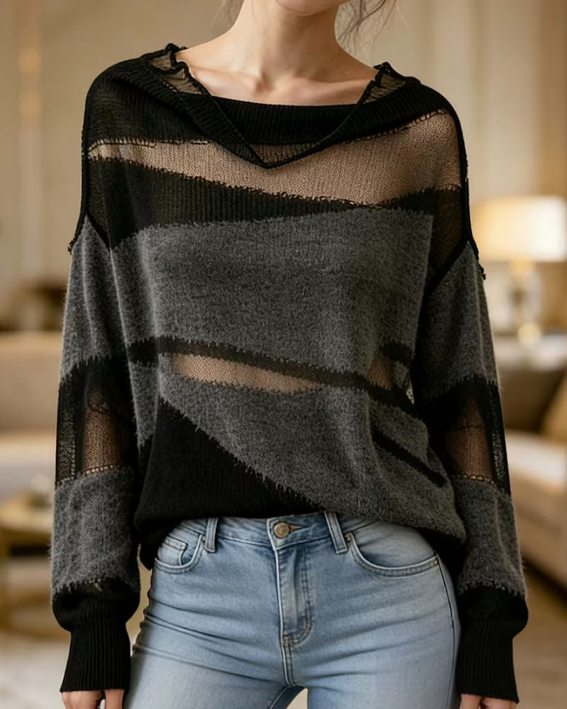 Contrast Color Sheer Long Sleeve Sweater Pullover f/w pullover summer