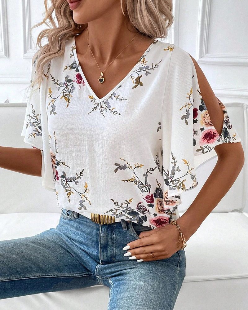 Blusa stampata con scollo a V e spalle scoperte