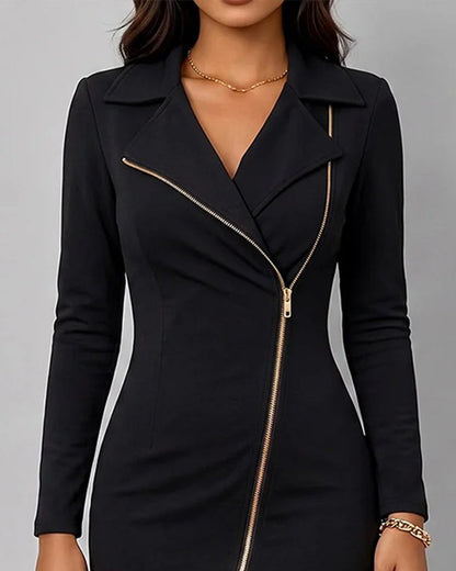 Lapel Diagonal Zip Slit Dress