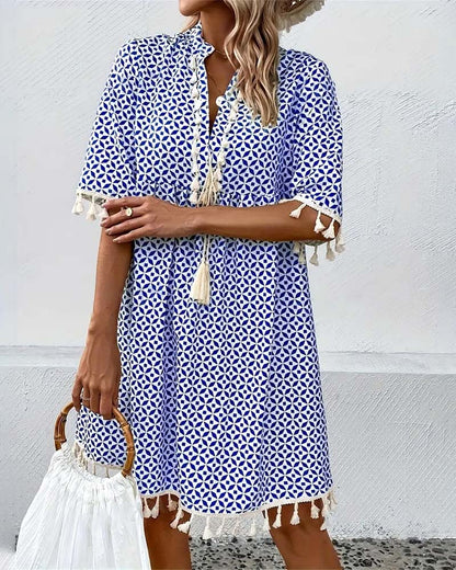 V-neck tassel print dress casual dresses summer