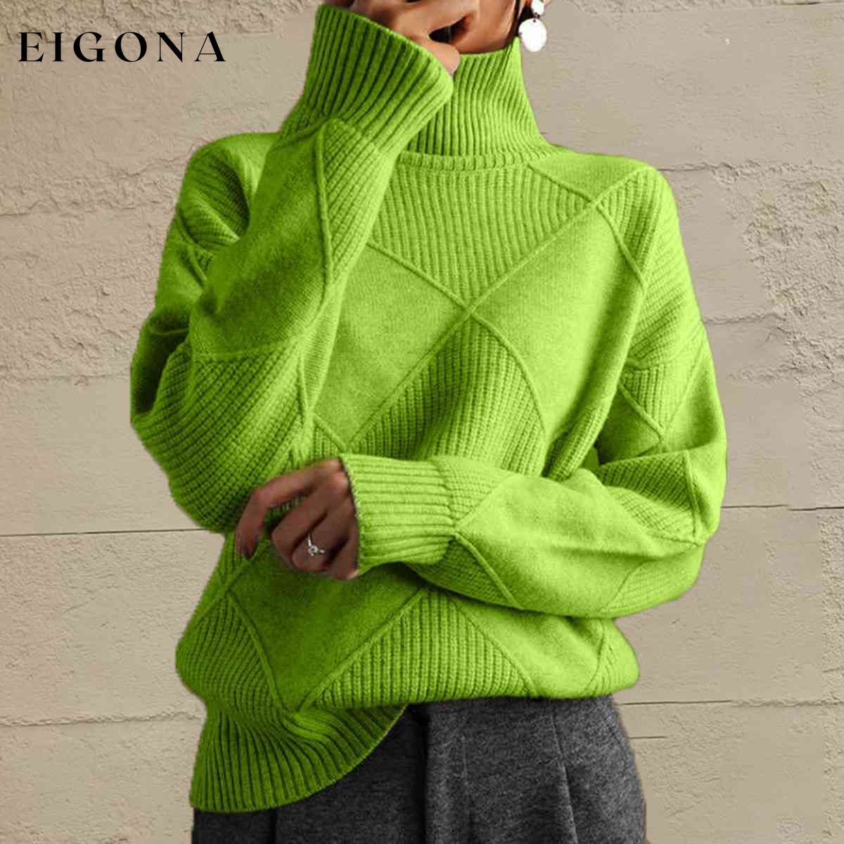 Geometric Turtleneck Long Sleeve Sweater Lime clothes Ship From Overseas X@M