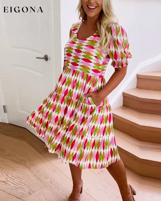 U-neck multi-color printed dress casual dresses summer