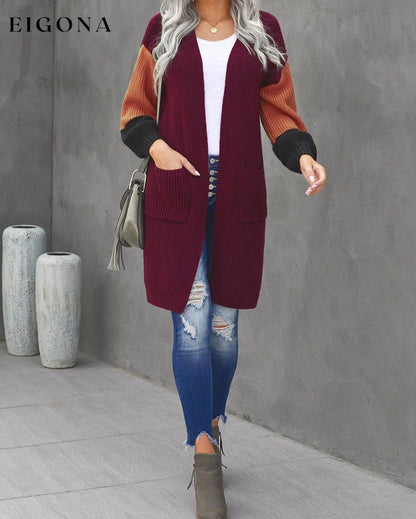 Color Block Rib-Knit Longline Cardigan with Front Pockets cardigan clothes long sleeve Ship From Overseas SYNZ