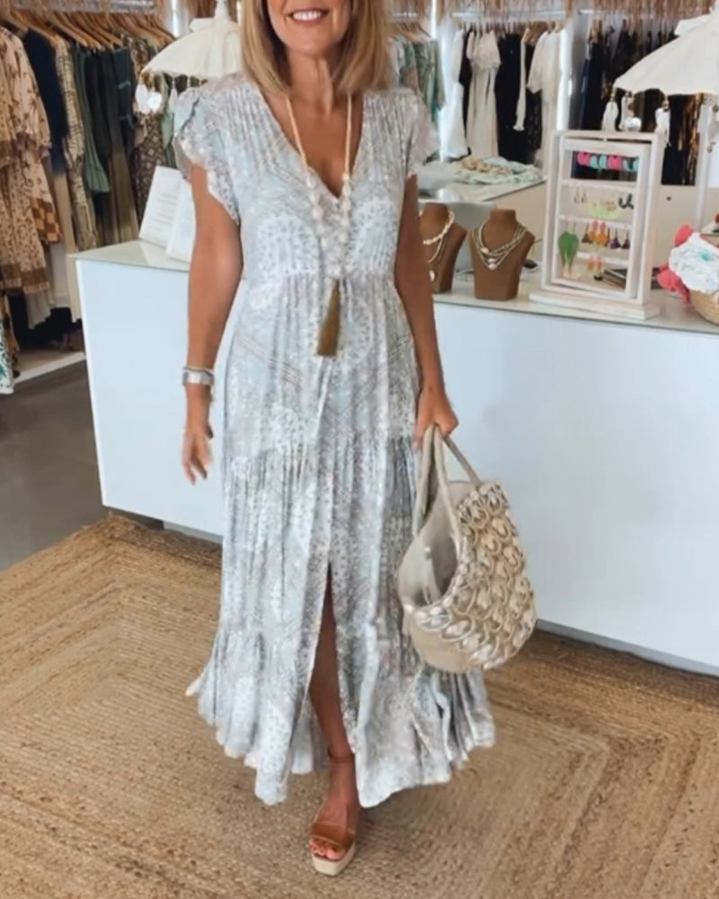 Vacation print V-neck split sleeve dress 202466 summer vacation dresses