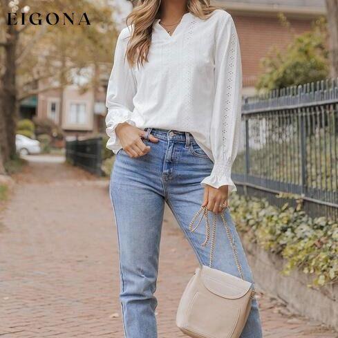 Openwork Notched Flounce Long Sleeve Blouse clothes long sleeve shirt long sleeve shirts long sleeve top long sleeve tops Ship From Overseas shirt shirts SYNZ top tops