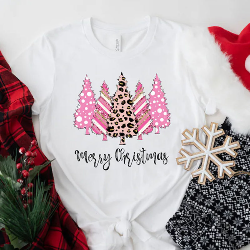 Casual Christmas tree letter print crew neck T-shirt 2024 f/w christmas spring summer t-shirts